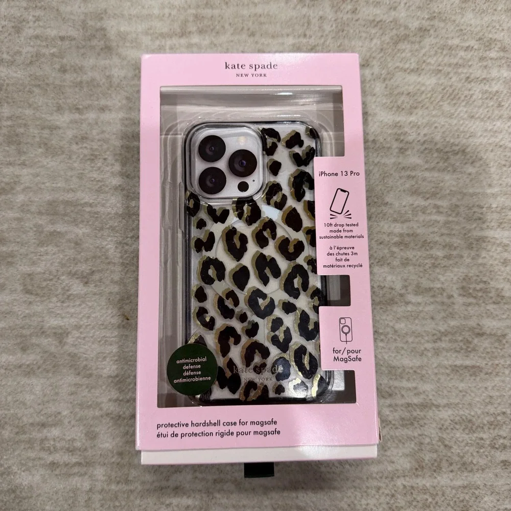 Kate‎ Spade iPhone 13 Pro Case MagSafe Leopard Print Gold Foil Hardshell New
